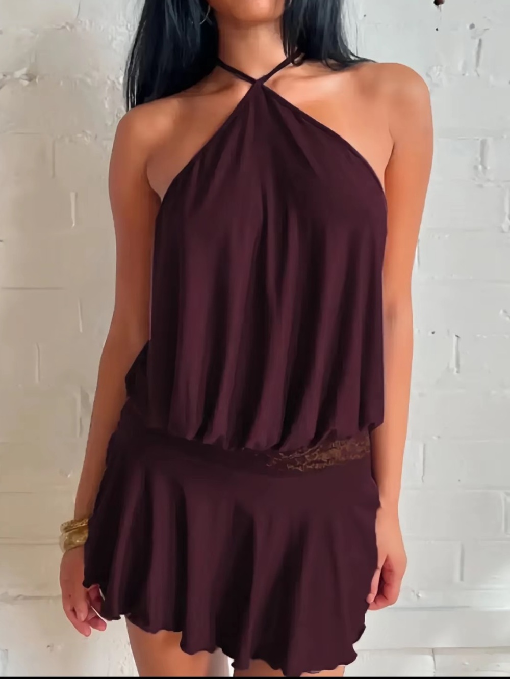 Women's Solid Color Semi-Sheer Lace Panel Halter Neck Dress